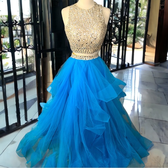 TWO PIECE Mesh Rhinestone Crop Top Prom Dress Full Skirt Blue Sz 12 - Picture 3 of 16